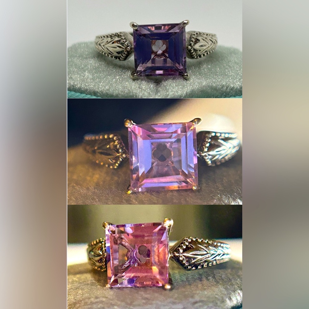 VINTAGE sz6 DESIGNER STS 2.6CTW EMERALD CUT COLOR CHANGING GEMSTONE 925SS ring